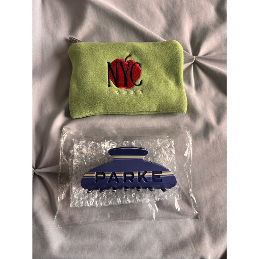 Parke NYC Blue and Yellow Stripe Claw Clip NYC Pop Up with Green Parke NYC Pouch